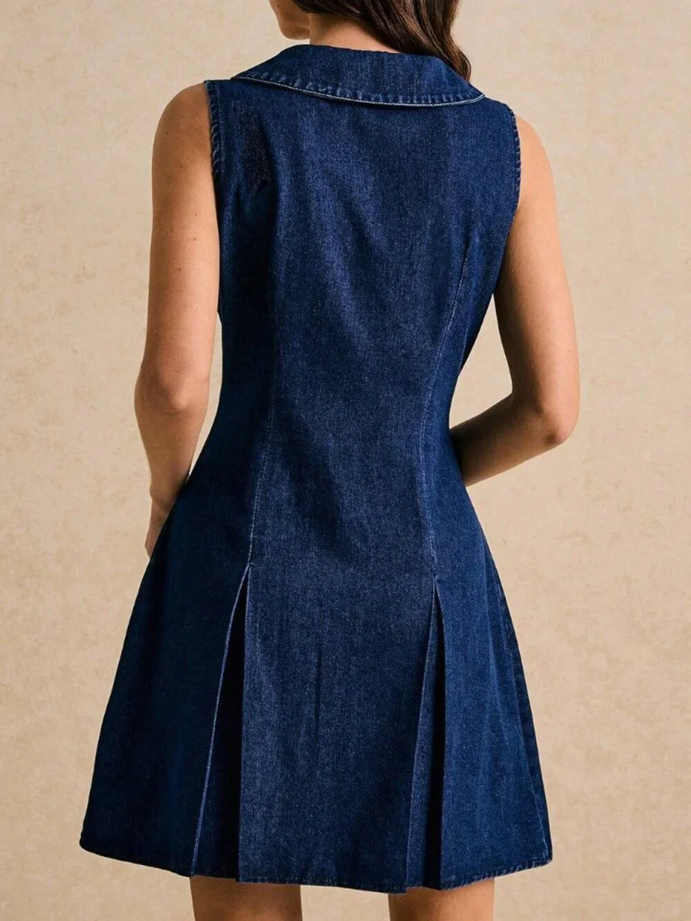 Dark Wash Casual Women's Front Button Pleated Sleeveless Denim Mini Dress - Picture 2 of 5
